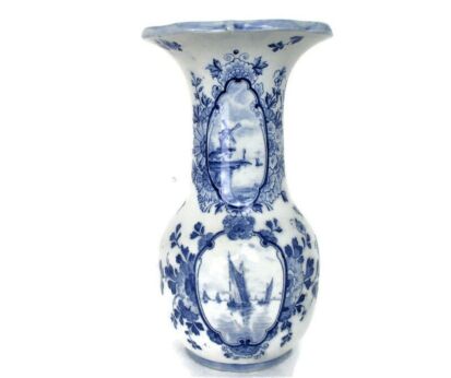 Beautiful Trumpet Vase Delft Holland Blue White Porcelain Marked Hand Painted Seaside scenes