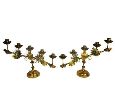 Couple Pair Brass Hollywood regency Floral Candle Holders Candelabra 5 arm