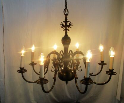 Large Vintage Ornate Flemish Dutch 8 Arms Lights Chandelier Brass Eagle Fish