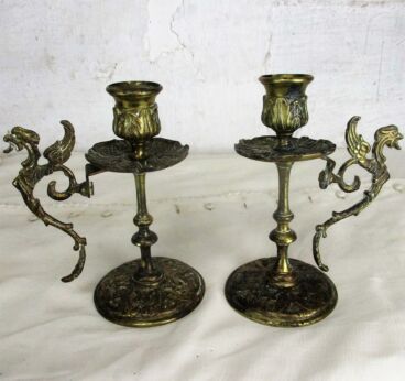 S Couple Pair Vintage Gothic Brass Ornate Candle Holders Stick Dragons Griffins