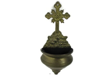 Vintage Holy Water Font Vessel Brass Crucifix Angels Beautiful