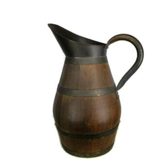 Antique Large Wooden Brass Hoops Wine Pitcher Jar Primitive Ewer Decorative