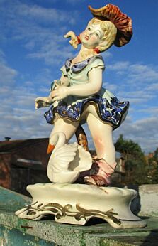 Vintage Capodimonte Italian Figurine Girl Pigtails Swan Marked Sweet Joyful