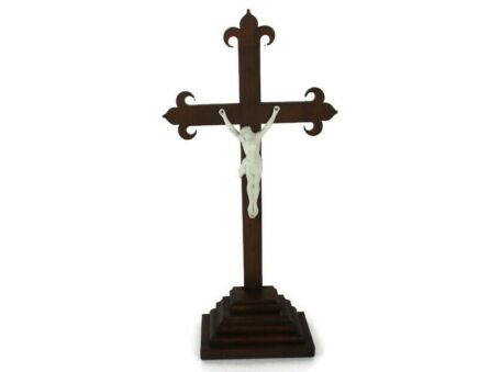 Large French Standing Crucifix Cross Wood Porcelain Corpus Fleur de Lis Lys