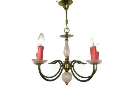 Chandelier Hollywood regency Romantic 5 Arm Lights Opaline Glass Pink Brass