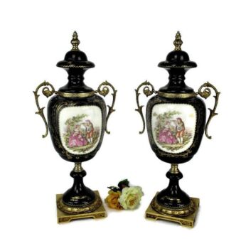 L Pair Limoges French Porcelain Vases Urn Marked Cobalt Blue Victorian Scenes