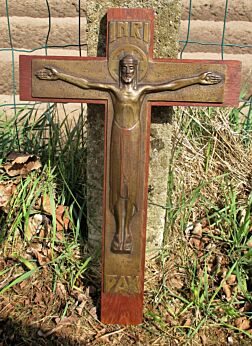 Large Beautiful Oak Brass Modern Hanging Crucifix Cross Pax Jesus Christ