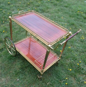 Bar Cart Italian Hollywood Regency Gold Chrome Wooden Handle serving Trays Trolley