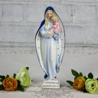 Lovely Art Deco Porcelain Statue Virgin Mary Madonna Infant Child Heavenly Blue