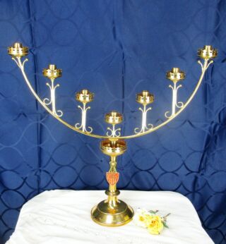 Vintage Brass 7 Arm Candle Holder Candelabra Menorah Style Church Shield Wedding