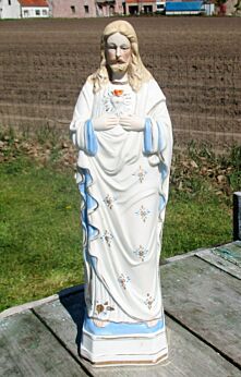 Lovely Antique Holy Heart Jesus Christ Porcelain French Polychrome Statuette