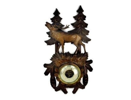 Hand Carved Wood Barometer Thermometer Weather Station Black Forest Deer Hunter