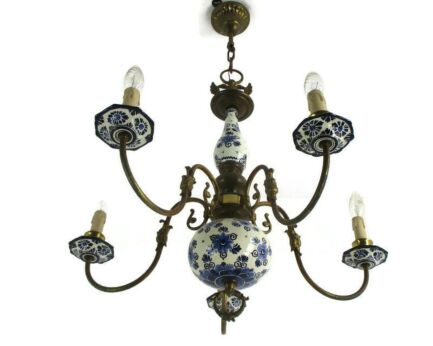 Dutch Delft Blue White Porcelain Ornate Brass Chandelier 5 Lights Arm Farmhouse