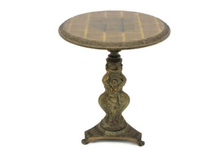Three Graces Ornate Brass Pedestal Table Plant Stand Side Wine Coffee Table Hollywood Regency Wooden Top