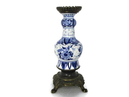 Vase Delft Holland Blue White Porcelain Brass Base and Top Centerpiece Candle Holder Rare Birds