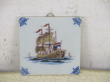 Dutch Vintage Polychrome Wall Decorative Tile Delft Sailing Boat Marked