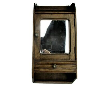 hand Carved Wood Medicine Bathroom Apothecary Display Wall Hanging Cabinet Mid Century