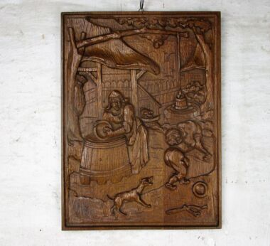 Vintage Hand Carved Wooden Wall Panel Plaque Reclaimed Washday Brueghel Scene