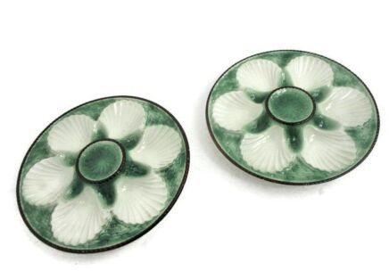 Pair French Oyster Plates Porcelain Faience Majolica Green White Glazed Vintage