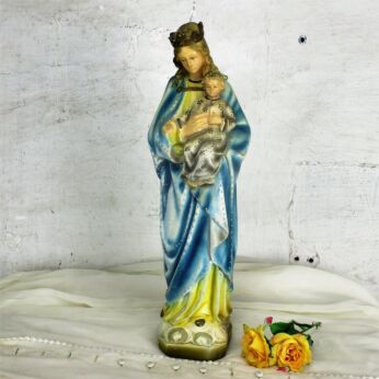 Antique Polychrome Madonna Infant Child Statue Plaster Neo Gothic 1900 Marked