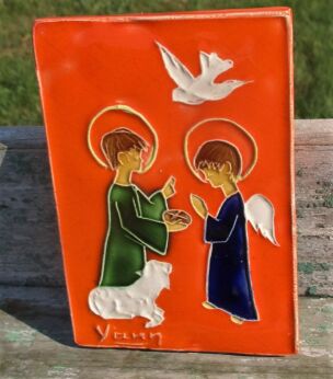 Vintage Ceramic Black Tile Wall Hanging Virgin Mary Infant Child Mettlach Lovely