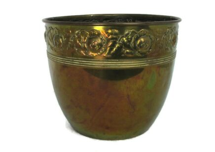 Vintage Brass Planter Jardiniere flower pot Ornate Embossed Beautiful Flower Pattern Barn Style Marked