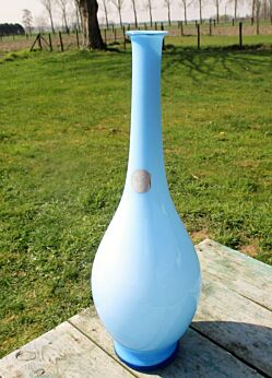 Large Azurro Blue Cased Opaline Art Glass Vase Bottle era Murano