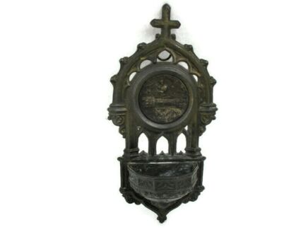 Antique Small Spelter Embossed Holy Water Font Saint Francis? Wall Hanging Beautiful rare Collector