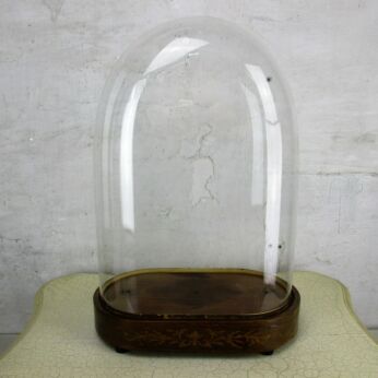 L Antique Victorian Oval Hand Blown Glass Globe Dome Inlay Base Clock 17" x 12"