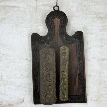 antique Brush Set wall Mounted Board Brass Hand Carved Wood Ornate 1900
