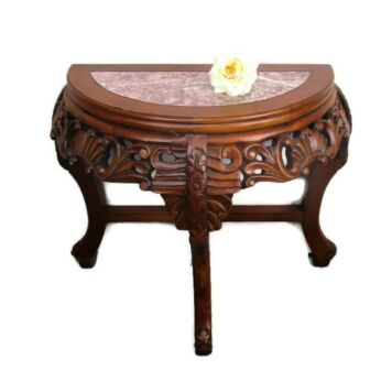 Vintage Carved Wood Oriental Marble Top Chinese Half Moon Hall Console Table