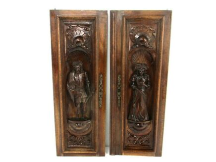 Pair Antique Hand Carved Oak Breton Door Panels Reclaimed Figurines Couple WOW