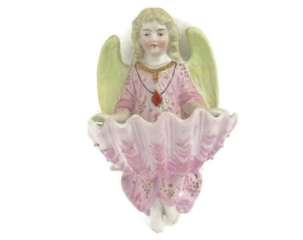 porcelain Bisque Holy Water Font Vessel Angel  Wall Hanging Vintage