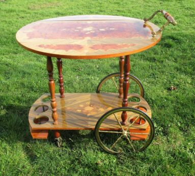 Gorgeous Leaf Drop Bar Cocktail Tea Cart Trolley Hollywood Regency Marquetry