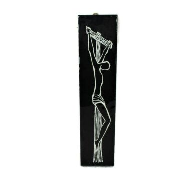 Vintage Ceramic Black Tile Wall Hanging Small Jesus Christ Crucifix Mettlach 7.87"