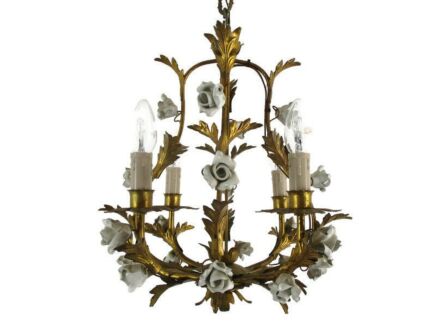 Italian Regency Chandelier 4 arm Lights Faux Brass Porcelain Roses Wreath