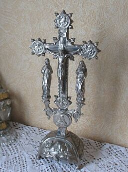 Large Antique Ornamental Silver Metal Jesus Christ Cross Crucifix Saints Altar