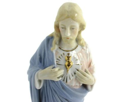 Vintage Statue Porcelain Jesus Christ Holy Sacred Heart Glazed Blue white 8.2"