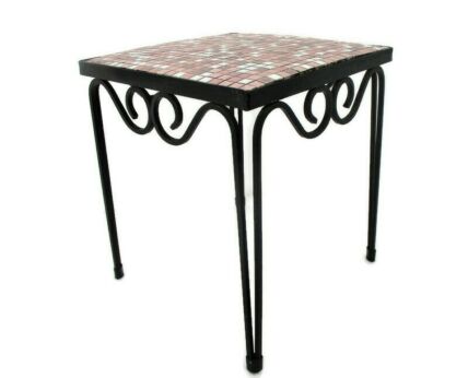 Vintage Small Side Table Plant stand Mosaic tiles Checkered pattern Wrought Iron Funky Nordic Modernist