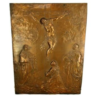 Extremely HTF Wall Hanging Plaque Hammered Brass Calvary Saints Monsters Christ