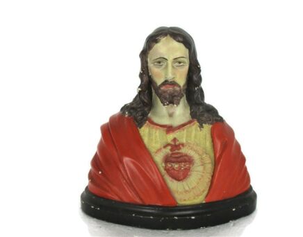 Small Antique Plaster French Bust Jesus Christ Statue Sacred heart Small Art Deco Polychrome