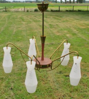 Mid Century Danish Modern Chandelier teak Glass Shades Ceiling Vintage 5 arms