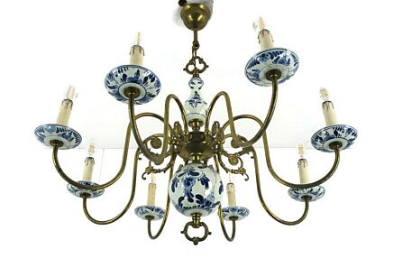 Dutch Delft Polychrome Porcelain Ornate Brass Chandelier 8 Arm Lights Country