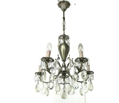 Vintage Chandelier 5 Lights Arms Art Glass Prisms Spelter Hollywood regency