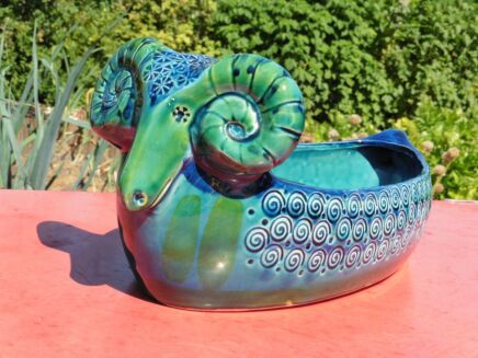 Rare Mid Century Italian Ceramic Ram Bowl era Bitossi Raymor Rimini Blue