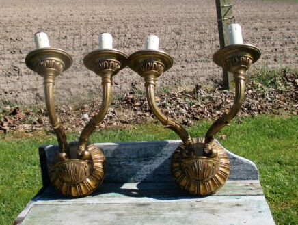 Pair of Vintage Ornate Brass Two-Arm Wall Sconces Sleeves