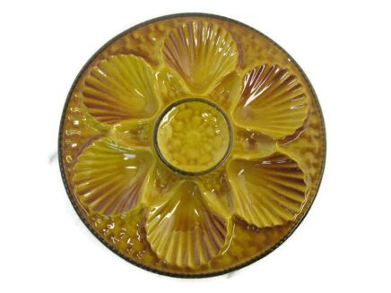 French Oyster Plate Faience Ceramic Majolica Vallauris 1950s Brown Amber