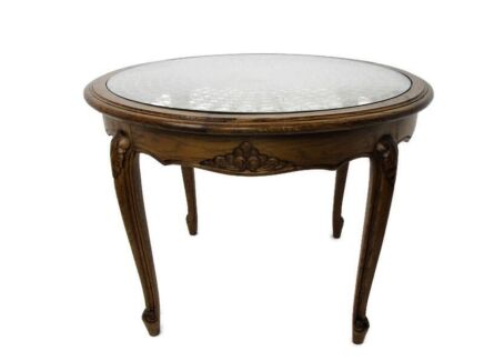 Round Side Display Coffee Table hand Carved Wood Flowers Glass Rush Top