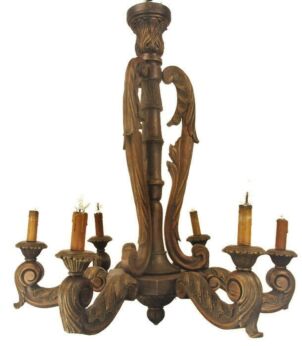 Impressive Hand Carved Wooden Castle Chandelier Ornate 6 arm Light Mid Century