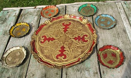 Italian Mid Century Hollywood Regency Florentine 6 coasters Red Tray Wood